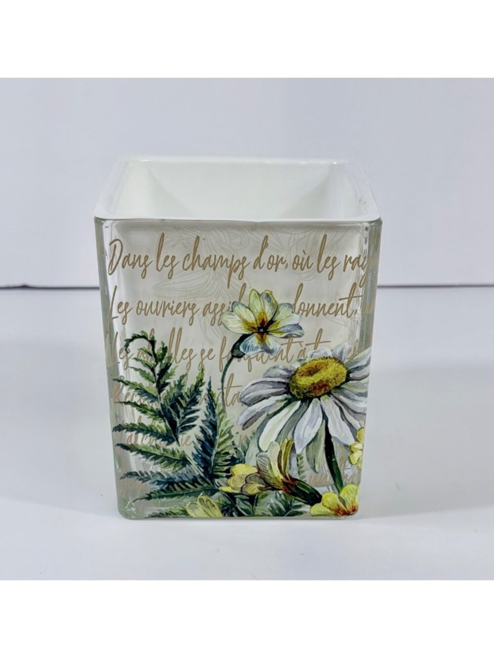 Teleflora Floral Square Glass Vase Cube Bee & French Script Design 4”  Decorativ